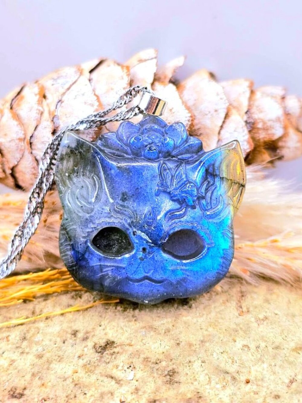 Flashy Labradorite Cat Mask Pendant • Lotus & Butterfly Carving • 1.2" Crystal